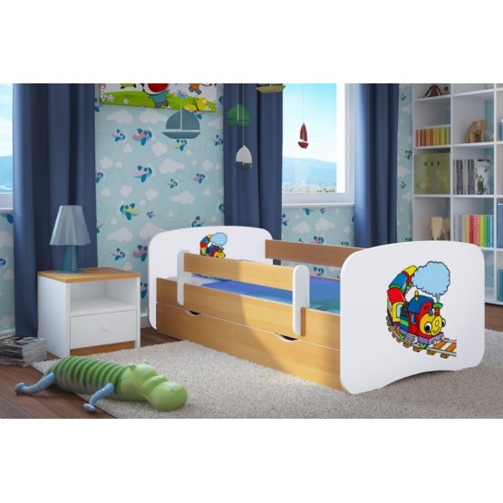 OURBABY detská posteľ so zábranou - veselý vláčik - bukový odtieň