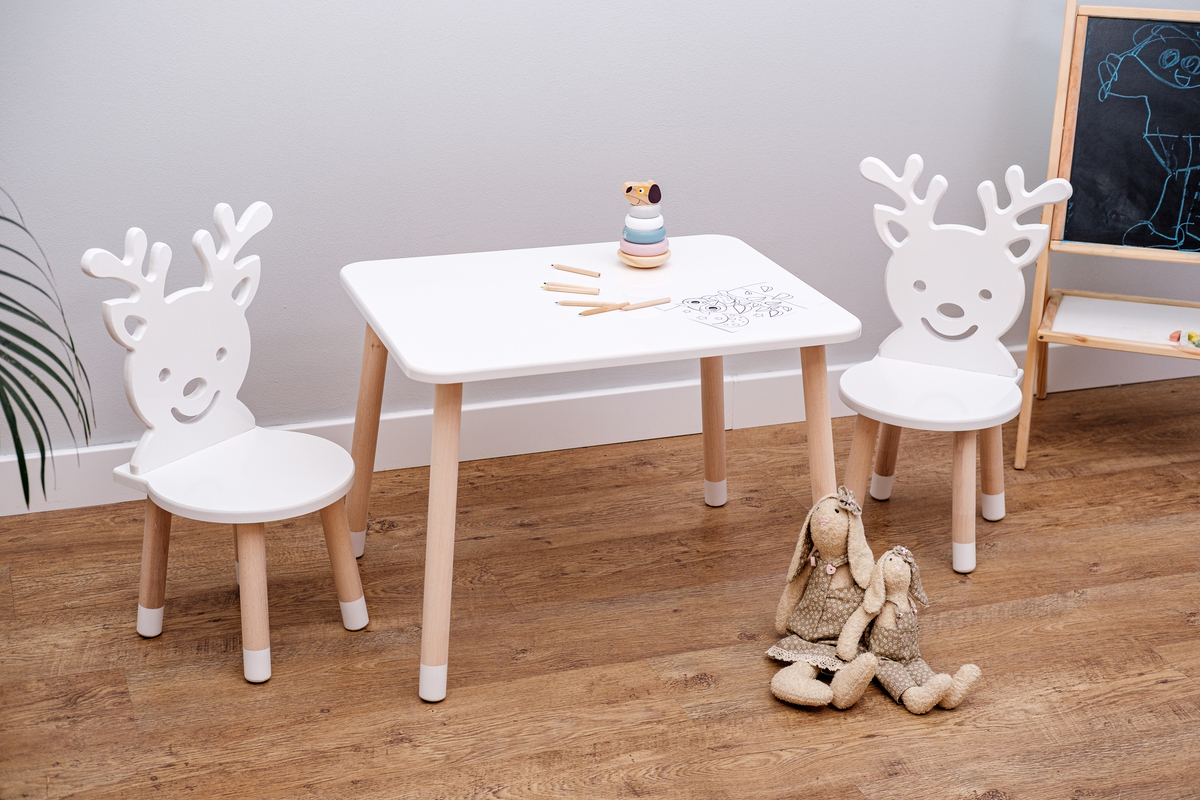 Detský stôl so stoličkami - Jeleň - biely Kids table set - Deer