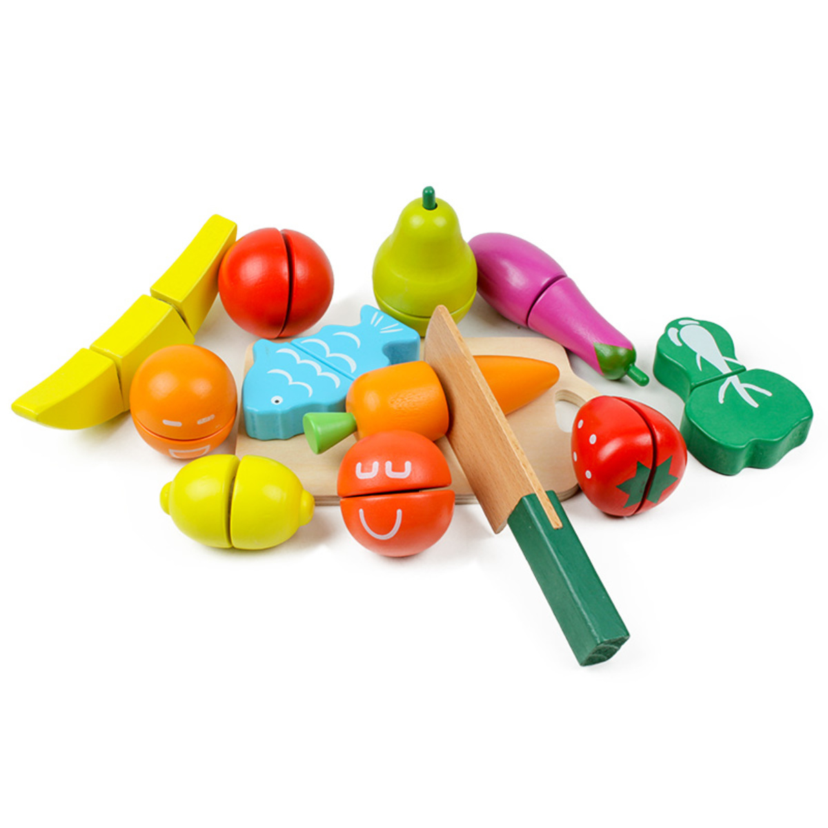 Drevené ovocie a zelenina na krájanie fruit and vegetable set