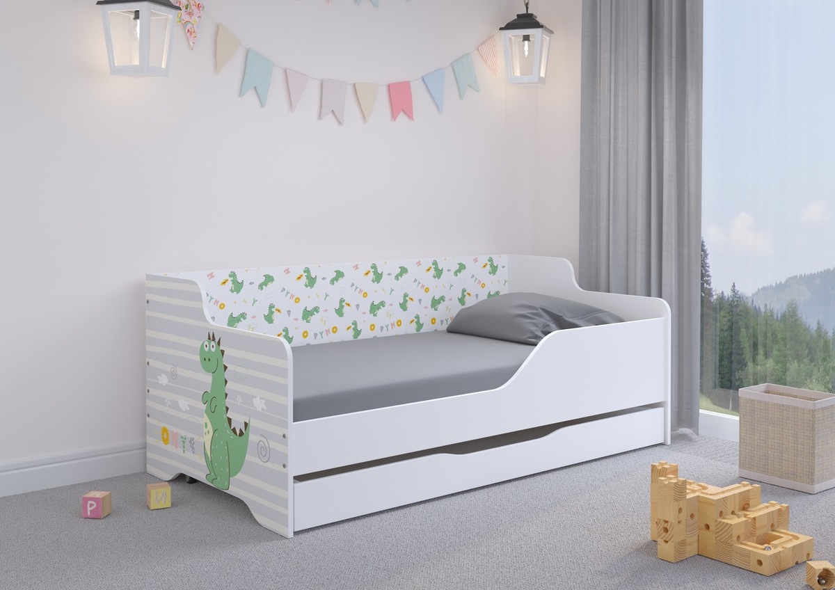 Detská posteľ s chrbtom LILU 160 x 80 cm - Dino - posteľ + prístelok - zábrana (B - pravá)