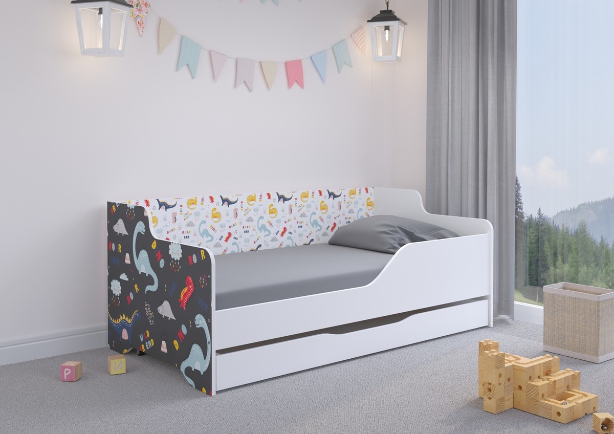Detská posteľ s chrbtom LILU 160 x 80 cm - Dinosaury - posteľ + úložný priestor - zábrana (B - pravá)