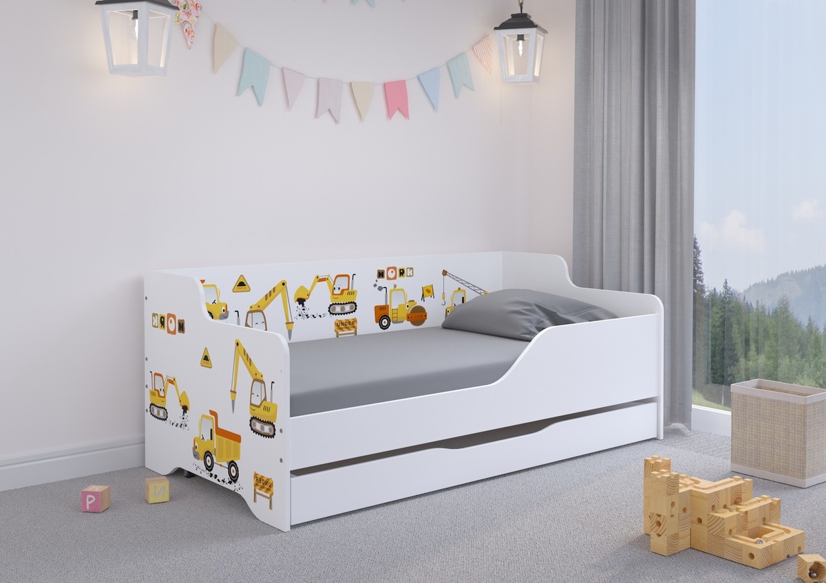 Detská posteľ s chrbtom LILU 160 x 80 cm - Stavenisko - posteľ bez úložného priestoru - zábrana (A - ľavá)