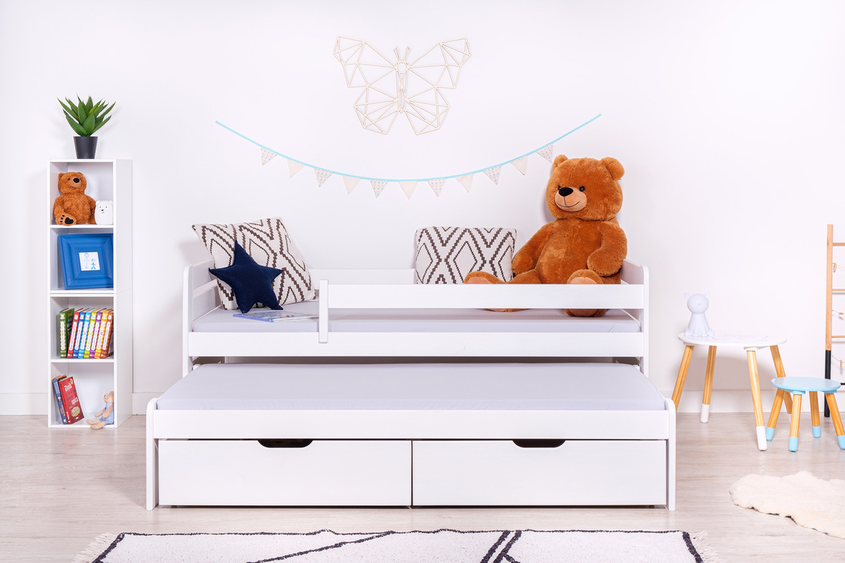 Detská posteľ s prístelkou a zábranou Praktik - White - 200x90 cm