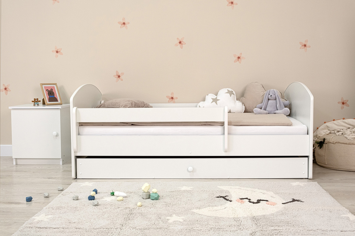 Detská posteľ Ourbaby so zábranou - biela - posteľ + úložný priestor 140x70 cm