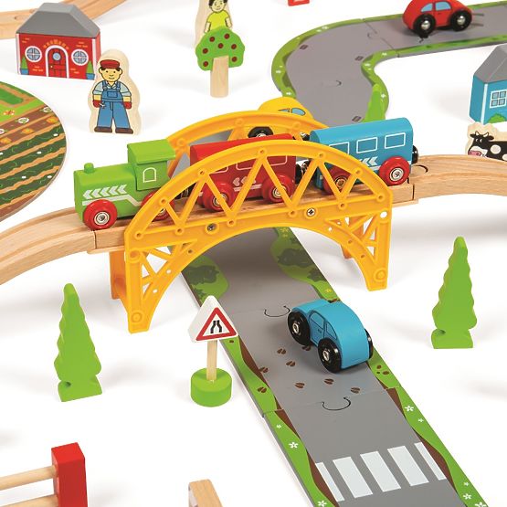 Bigjigs Rail Drevená vláčikodráha s vidieckou cestou 80 dielov