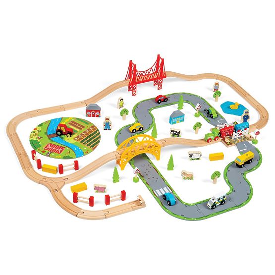 Bigjigs Rail Drevená vláčikodráha s vidieckou cestou 80 dielov