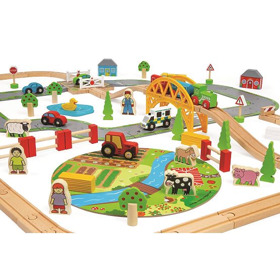 Bigjigs Rail Drevená vláčikodráha s vidieckou cestou 80 dielov