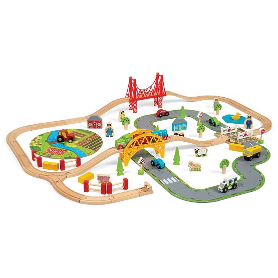 Bigjigs Rail Drevená vláčikodráha s vidieckou cestou 80 dielov