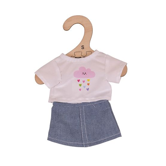 Bigjigs Toys Biele tričko s rifľovou sukňou pre bábiku 28cm