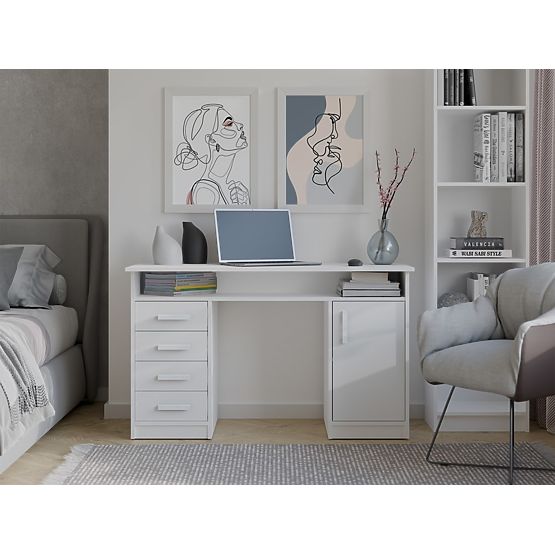 BIURKO ADA BIELE 125 Cm 4 Zásuvky Skrinka Poličky Do Kancelárie Izby Na Laptop