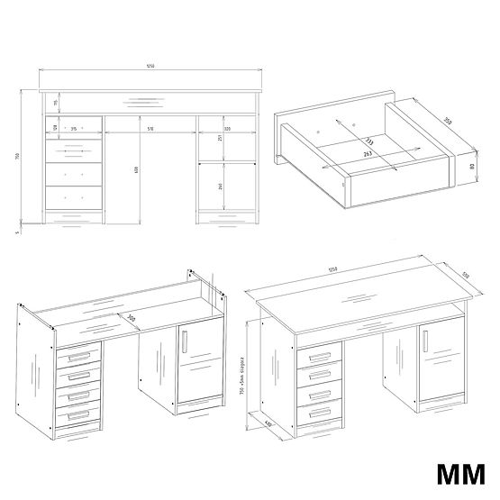 BIURKO ADA DUB ARTISAN 125 cm 4 Zásuvky Skrinka Poličky Do Kancelárie Izby Na Laptop