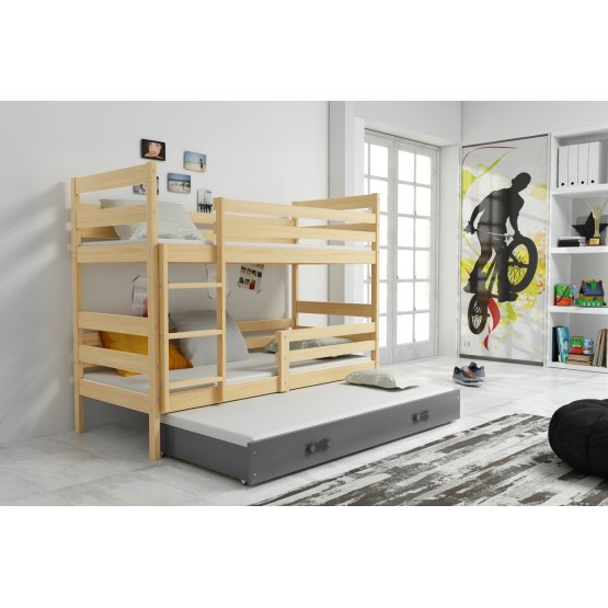 Detská poschodová posteľ s prístelkou Erik - prírodná-šedá