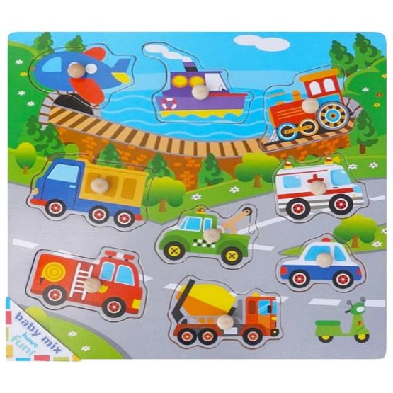 Detské drevené puzzle s úchytkami Baby Mix Doprava Podľa obrázku