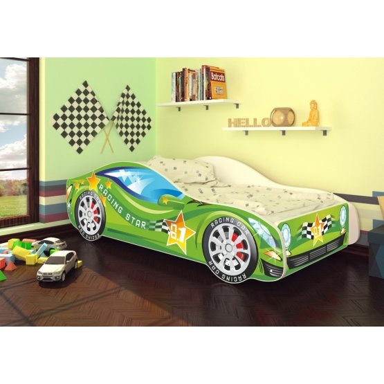 OURBABY detská posteľ Autíčko zelené + matrac zadarmo