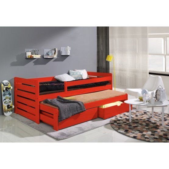 Detská posteľ s prístelkou a zábranou Praktik 200x90 cm - oranžová