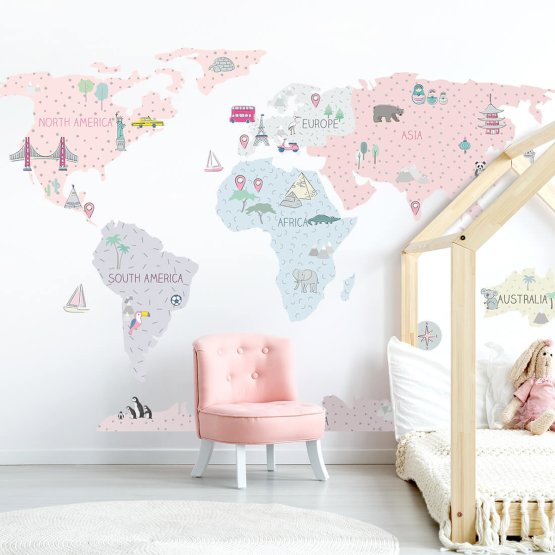 Samolepka na stenu Mapa sveta - ružová