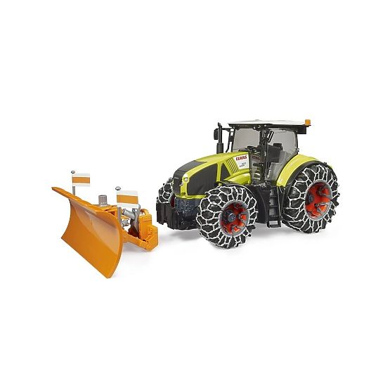 Bruder Claas Axion 950 so snehovými reťazami a radlicou