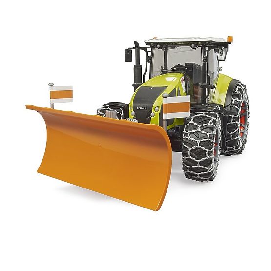 Bruder Claas Axion 950 so snehovými reťazami a radlicou