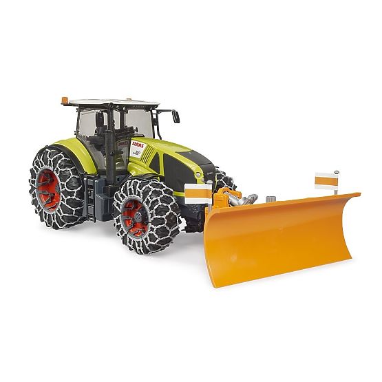 Bruder Claas Axion 950 so snehovými reťazami a radlicou