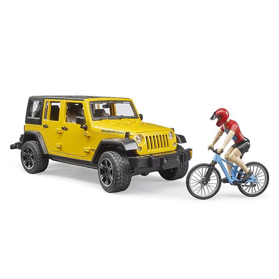 Bruder Jeep Wrangler Rubicon s cyklistom a bicyklom