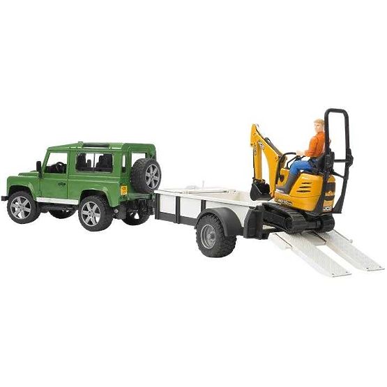 Bruder LAND ROVER + prepravník, minibager JCB
