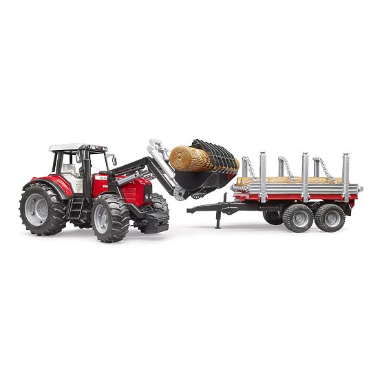 Bruder Traktor Massey Ferguson 7480 s čelným nakladačom a prepravníkom klád