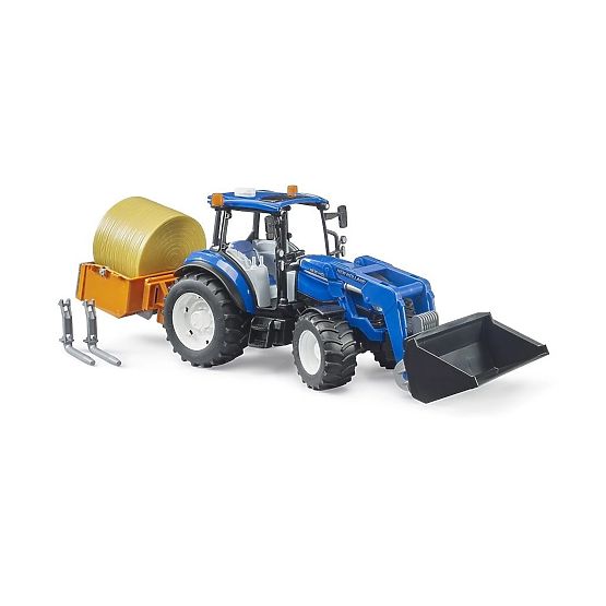 Bruder Traktor New Holland T5.120 s čelným nakladačom, korbou, vidlami a okrúhlym balíkom