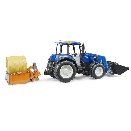 Bruder Traktor New Holland T5.120 s čelným nakladačom, korbou, vidlami a okrúhlym balíkom