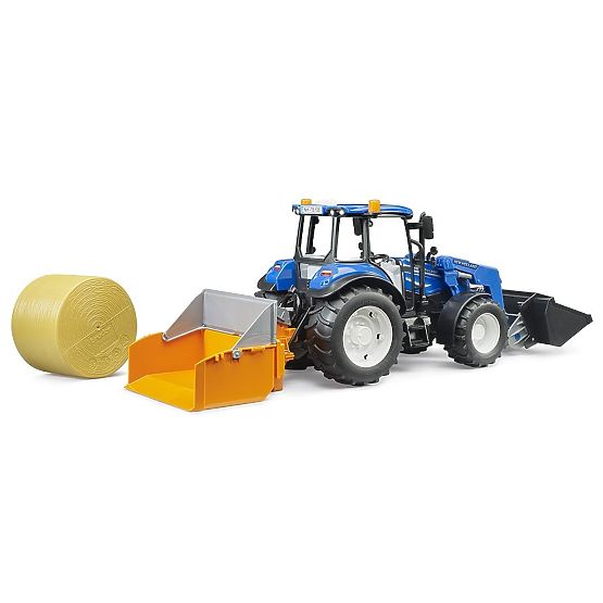 Bruder Traktor New Holland T5.120 s čelným nakladačom, korbou, vidlami a okrúhlym balíkom