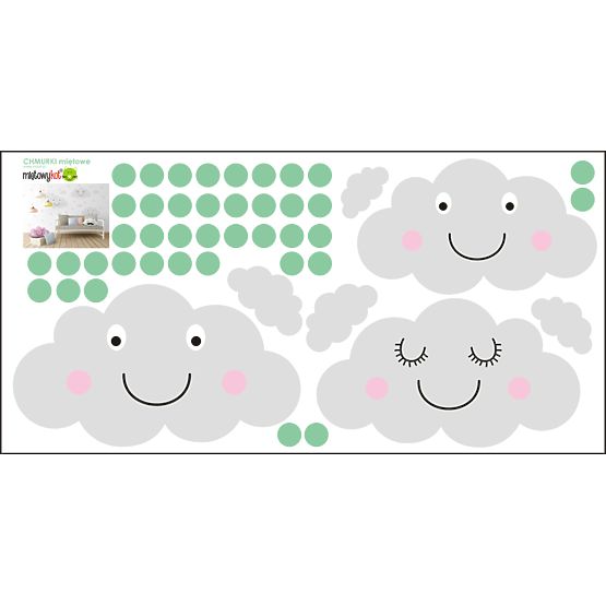 Dekorácia na stenu - veselé mráčky + mätové bodky