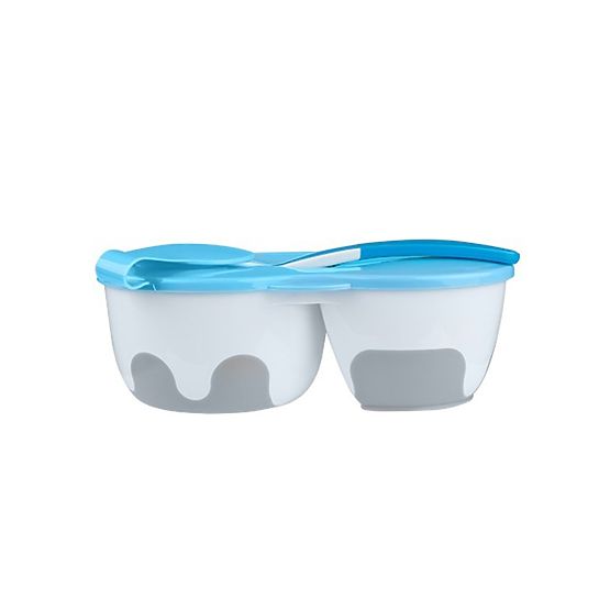 Detská dvojkomorová miska s lyžičkou Baby Ono modrá 200 a 150 ml