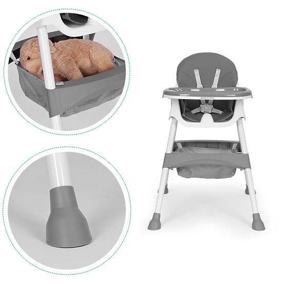 Detská jedálenská stolička s podnosom, košom, 5-bodovými pásmi, sivá ECOTOYS