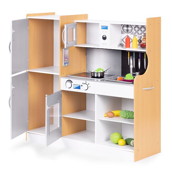 Detská kuchynka so zvukom a LED tabuľou kriedová kovové doplnky MDF +3 roky ECOTOYS