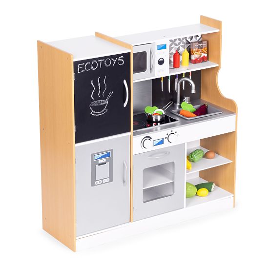 Detská kuchynka so zvukom a LED tabuľou kriedová kovové doplnky MDF +3 roky ECOTOYS