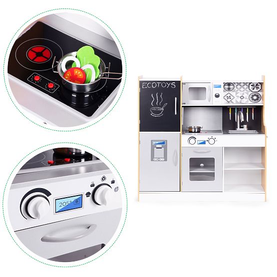 Detská kuchynka so zvukom a LED tabuľou kriedová kovové doplnky MDF +3 roky ECOTOYS
