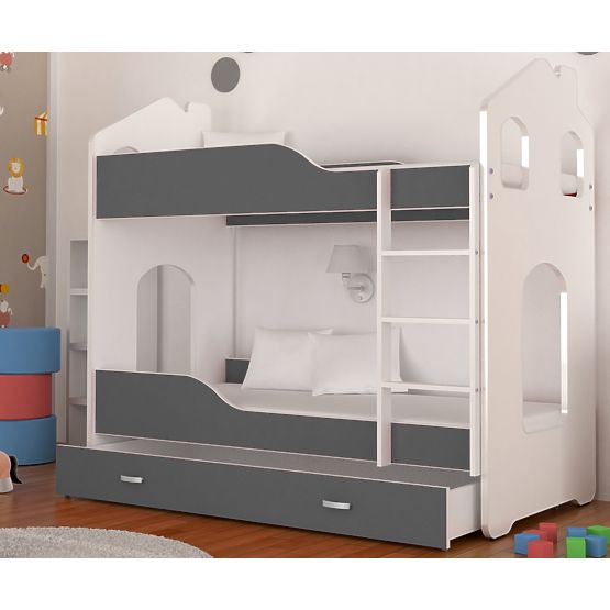 Detská poschodová posteľ Dominik domček - bielo-šedá