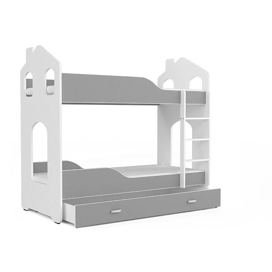 Detská poschodová posteľ Dominik domček - bielo-šedá