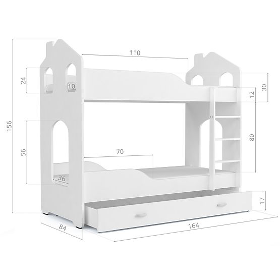 Detská poschodová posteľ Dominik domček - bielo-šedá