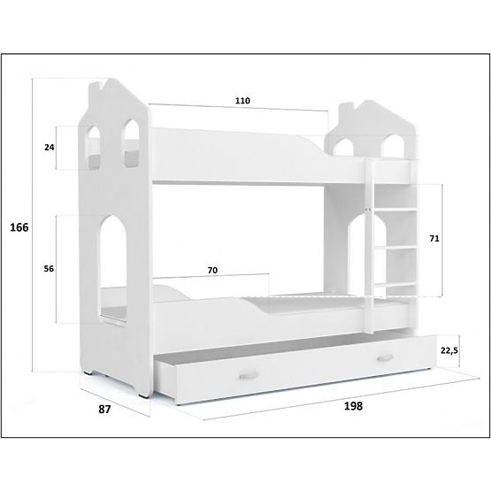 Detská poschodová posteľ Dominik domček - bielo-šedá