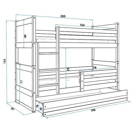 Detská poschodová posteľ Rocky - prírodná-šedá