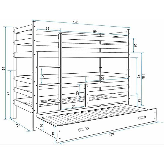 Detská poschodová posteľ s prístelkou Erik - bielo-šedá