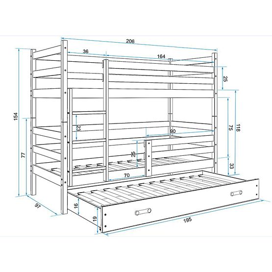 Detská poschodová posteľ s prístelkou Erik - prírodná-šedá