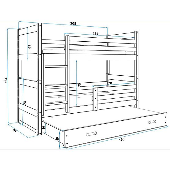 Detská poschodová posteľ s prístelkou Rocky - prírodná-šedá