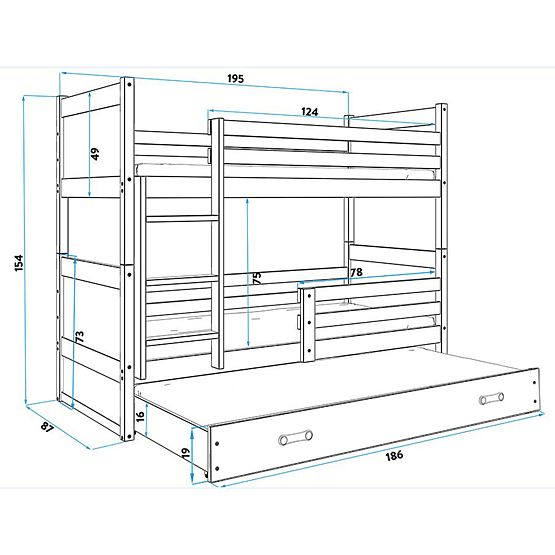 Detská poschodová posteľ s prístelkou Rocky - prírodná-šedá