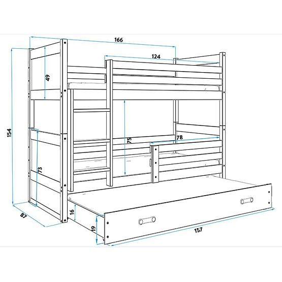 Detská poschodová posteľ s prístelkou Rocky - prírodná-šedá