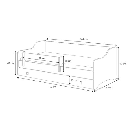 Detská posteľ ERYK so zásuvkou a zábranou 160x80 sivý panel