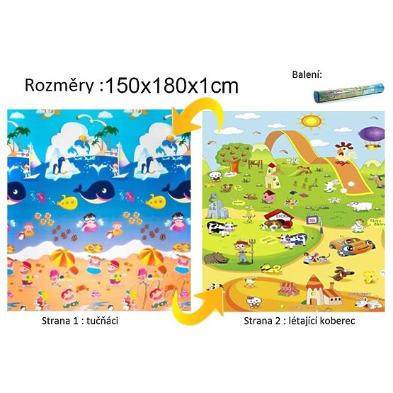 Detský penový koberec - tučniaky + lietajúce koberec