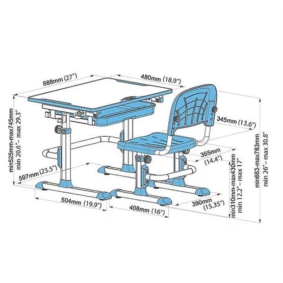 Detský písací stôl + stoličky Cubby Lupin - modrý
