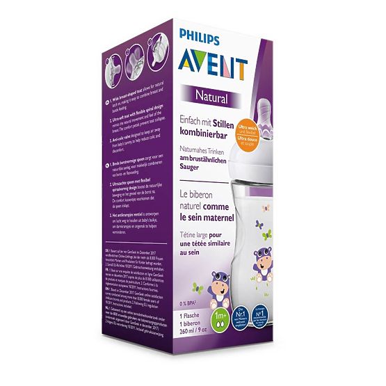 Dojčenská fľaša Avent Natural 260 ml biela hroch