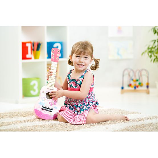 Drevená detská gitara kovové struny trsátko ružová ECOTOYS